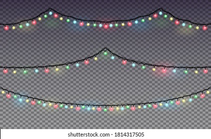 Christmas lights. Garland. Glowing colorful  light bulbs. New year decorations. Vector realistic illustration 
