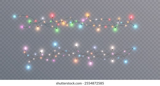 Christmas lights garland isolated on transparent background. Set of bright Christmas glowing garlands with sparkles. For greetings, invitations and advertising design. Vector