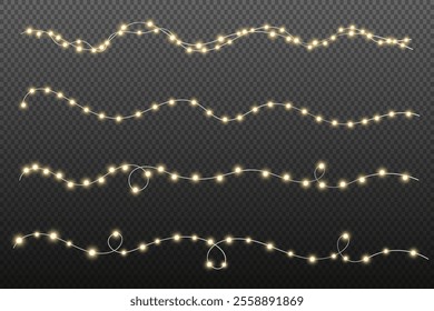 Christmas lights garland isolated on checkered vector background. Set of Christmas glowing garlands. For advertising invitations, web banners, postcards. Vector