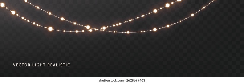Luzes de Natal guirlanda isolada no fundo escuro. Luz luminosa luminosa com faíscas. Decorações de Natal, Ano Novo, casamento ou aniversário