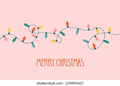 Christmas lights garland with lettering Merry Christmas. Holiday LED bulb strand for magic festive prints. Flat illustration for greeting cards and other graphic design.