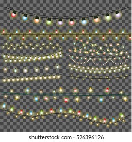 Christmas lights garland over transparent background, vector illustration. Glowing lights big set for Xmas Holiday greeting card design