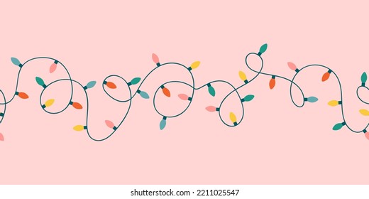 Christmas lights garland seamless border. Holiday LED bulb strand for magic festive prints. Flat illustration for greeting cards and other graphic design.