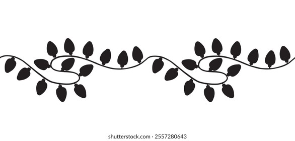 Christmas lights garland seamless border. Vector graphic illustration. Festive light bulbs hanging. Endless pattern. Winter holiday background. Festive template for card, wallpaper, wrapping, fabric.