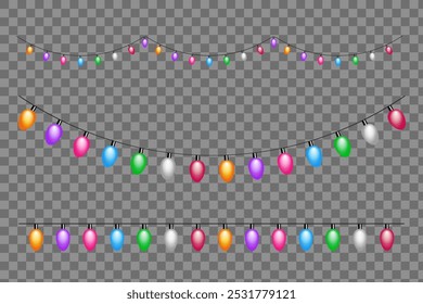 Christmas lights garland set. Isolated background. Colorful light bulb.