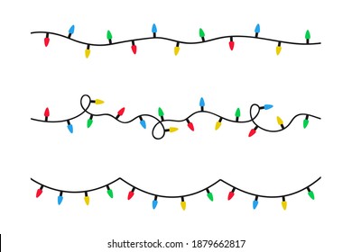 Christmas lights garland. Set of xmas lights bulbs in flat style. Color garlands for holiday decoration. Vector illustration.