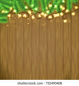 Christmas Lights garland in tree over wooden table. Christmas greeting card background with empty space for text, message and wishes. Vector illustration