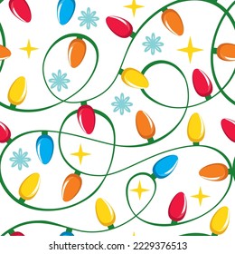 Christmas lights, garland for christmas tree . Christmas print on white background. Seamless pattern.