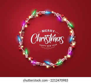 Christmas lights garland vector design. Merry christmas greeting text with wreath sparkling light xmas elements in red background. Vector Illustration.