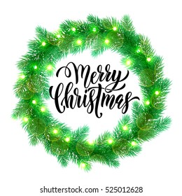 Christmas lights garland wreath of pine, fir, spruce branches. Christmas tree. Vector ornament decoration design element for greeting card  or Merry Christmas bow door decoration