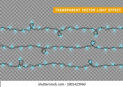 Christmas lights garlands. Festive design elements. Celebrate realistic object. Holiday Xmas Decor. New Year light effects isolated. Vector illustration.
