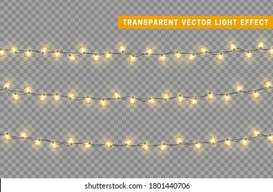 Christmas lights garlands. Festive design elements. Celebrate realistic object. Holiday Xmas Decor. New Year light effects isolated. Vector illustration.