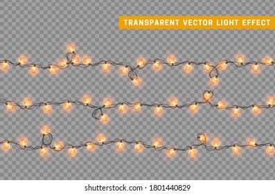 Christmas lights garlands. Festive design elements. Celebrate realistic object. Holiday Xmas Decor. New Year light effects isolated. Vector illustration.