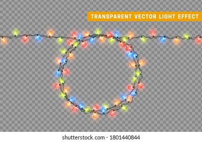 Christmas lights garlands. Festive design elements. Celebrate realistic object. Holiday Xmas Decor. New Year light effects isolated. Vector illustration.