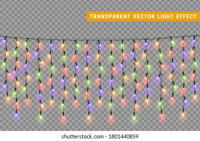 Christmas lights garlands. Festive design elements. Celebrate realistic object. Holiday Xmas Decor. New Year light effects isolated. Vector illustration.