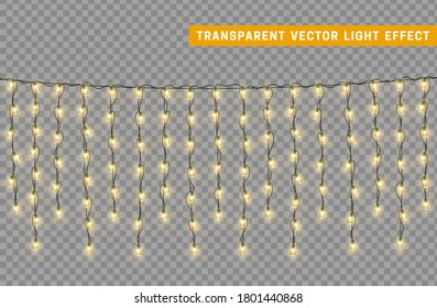 Christmas lights garlands. Festive design elements. Celebrate realistic object. Holiday Xmas Decor. New Year light effects isolated. Vector illustration.