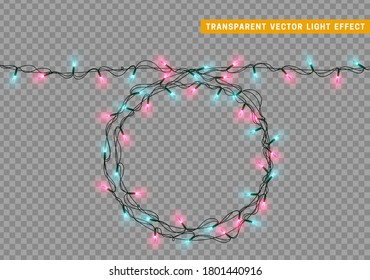 Christmas lights garlands. Festive design elements. Celebrate realistic object. Holiday Xmas Decor. New Year light effects isolated. Vector illustration.