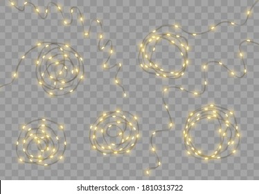 Christmas lights garlands. Festive design elements. Celebrate realistic object. Holiday Xmas Decor drip dew led lamp. New Year light effects isolated. Vector illustration.