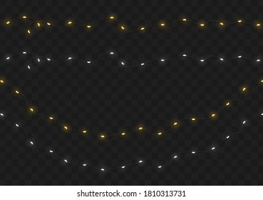 Christmas lights garlands. Festive design elements. Celebrate realistic object. Holiday Xmas Decor drip dew led lamp. New Year light effects isolated. Vector illustration.