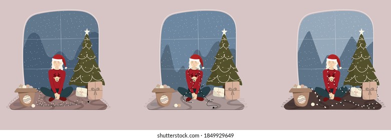 christmas lights. the girl untangles the Christmas garland and keeps calm.девушка украшает рождественcкую елку огнями