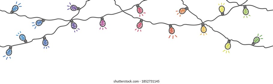 Christmas lights glow bulbs on wires. Hand drawn vector illustration.