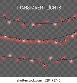 Christmas lights. Glowing garland on transparent background. Red lights