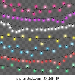 Christmas lights. Glowing garland on transparent background.