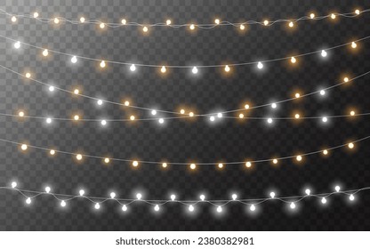Christmas lights. Glowing garlands collection. Bright holiday lamps. Festive decoration with gold and silver bulbs. Xmas lights for greeting card, poster, invitation. Vector illustration.