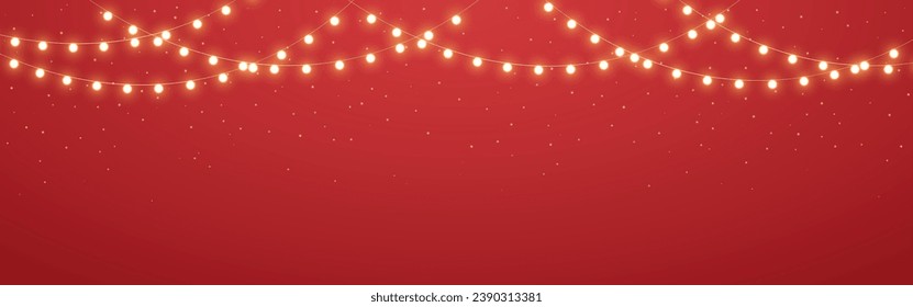 Christmas lights. Gold decoration on red background. Glowing garlands border. Luminous string for website or greeting card. Bright festive lamps. Yellow lights. Vector illustration.