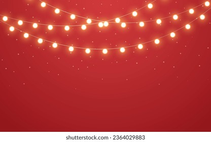 Christmas lights. Gold garlands on red background. Bright luminous decoration for website, banner, poster. Festive border template. Glowing string for greeting card. Vector illustration.