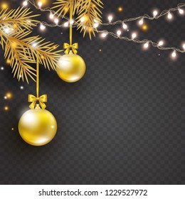 Christmas lights with gold Christmas tree and golden balls isolated on transparent background. Festive design template for holiday Xmas, New Year greeting card, invitation, banner.
