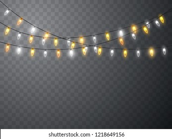 Christmas lights. Gold and white bright Xmas garland. Vector glow light bulbs on wire strings isolated.