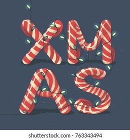 Christmas lights are hanging on Candy canes. Funny vector illustration for greeting cards and posters