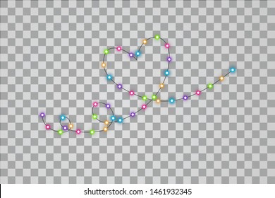 Christmas lights with heart one line. Colorful Xmas garland with heart one line. Vector red, yellow, blue and green and purple glow light bulbs on transparent background.