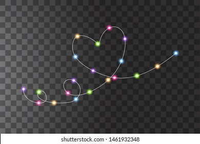 Christmas lights with heart one line. Colorful Xmas garland with heart one line. Vector red, yellow, blue and green and purple glow light bulbs on transparent background.