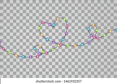 Christmas lights with heart one line. Colorful Xmas garland with heart one line. Vector red, yellow, blue and green and purple glow light bulbs on transparent background.