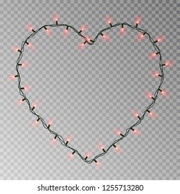 Christmas lights heart, red vector. Transparent light garland isolated on transparent background. Realistic light effect for Valentines day. Glowing Xmas lights string. Vector illustration. Part 7