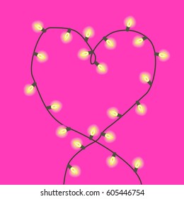 Christmas lights, heart, vector, isolated in a pink background