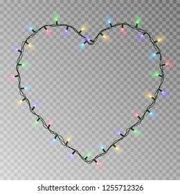 Christmas lights heart vector. Transparent light garland isolated on transparent background. Realistic light effect for Valentines day. Glowing Xmas lights string. Vector illustration. Part 4