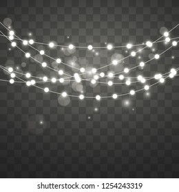 Christmas lights with highlight and bokeh effect. Xmas glowing garland. Vector illustration isolated on transparent background