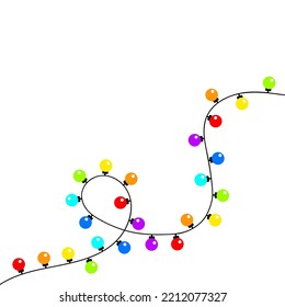 Christmas lights. Holiday festive Lightbulb glowing garland. Round xmas decoration corner. Colorful string fairy light set. Rainbow color. Flat design. Isolated. White background. Vector illustration