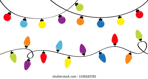 Christmas Lights. Holiday Festive Xmas Decoration. Colorful String Fairy Light Set. Lightbulb Glowing Garland. Rainbow Color. Flat Design. White Background. Isolated. Vector Illustrtion