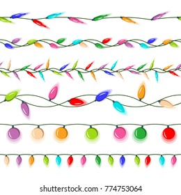 Christmas Lights Horizontal Seamless Vector. Isolated On White Background Illustration