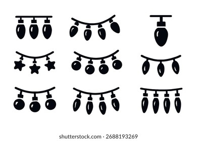Conjunto de iconos de luces de Navidades. Vector Símbolos negros de guirnalda de vacaciones, decoración e ilustraciones de glifos festivos