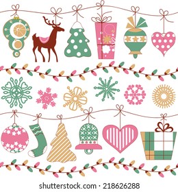 Christmas lights and icons horizontal seamless pattern