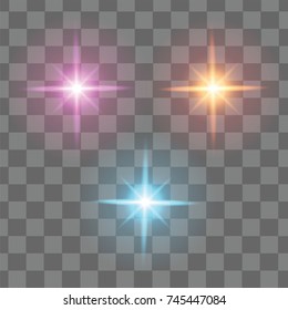 Christmas lights isolated  design elements. Glowing lights for Xmas Holiday greeting card design.  Christmas decorations.Christmas stars.Vector set of glow light effect stars bursts with sparkles