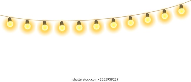 Christmas lights isolated, festive string of yellow holiday lights, Christmas decoration lights seamless design elements, glowing lights for greeting card design, bright garlands