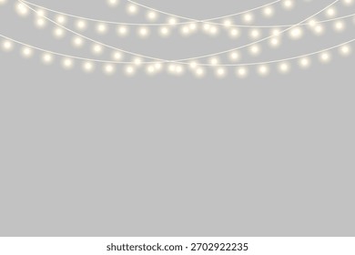 Christmas lights isolated, festive string of colorful holiday lights, Christmas decoration lights seamless design elements, glowing lights set for design, garland ribbon glowing, string lamp led