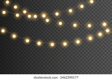 Christmas lights isolated. Glowing garlands on transparent dark background. Realistic luminous elements. Bright light bulbs for poster, card, brochure or web. Vector illustration