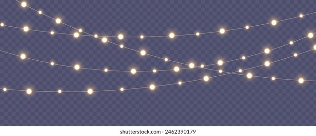 Christmas lights isolated. Glowing garlands on transparent dark background. Realistic luminous elements. Bright light bulbs for poster, card, brochure or web. Vector illustration